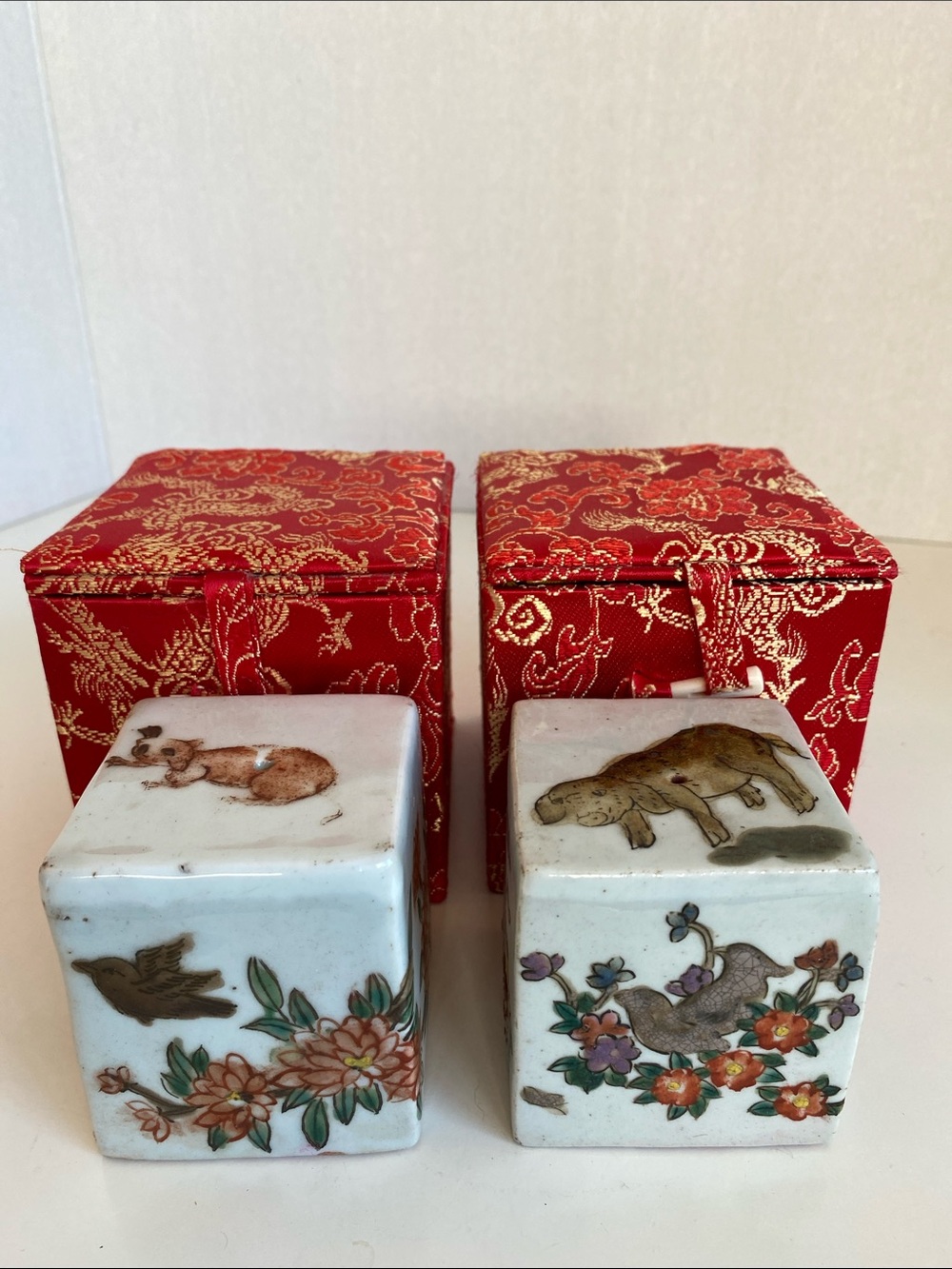 Vintage Antique Asian Chinese Porcelain Chop Stamp Stamps Set of 2 Storage Box